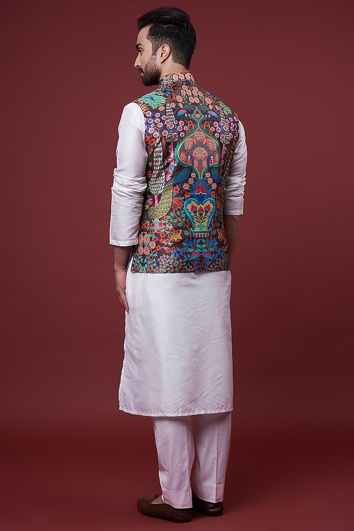 Brown Dupion Digital Printed Bundi Jacket by Siddhartha Bansal Men at Pernia's Pop Up Shop