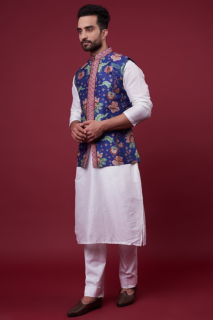 Midnight Blue Dupion Digital Printed & Embroidered Bundi Jacket by Siddhartha Bansal Men at Pernia's Pop Up Shop