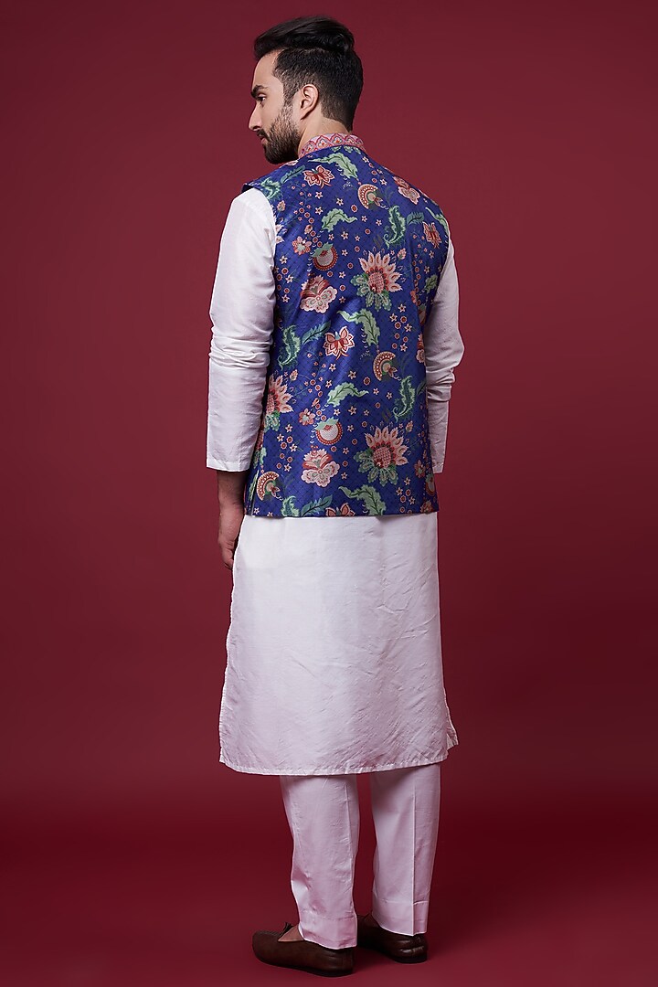 Midnight Blue Dupion Digital Printed & Embroidered Bundi Jacket by Siddhartha Bansal Men at Pernia's Pop Up Shop