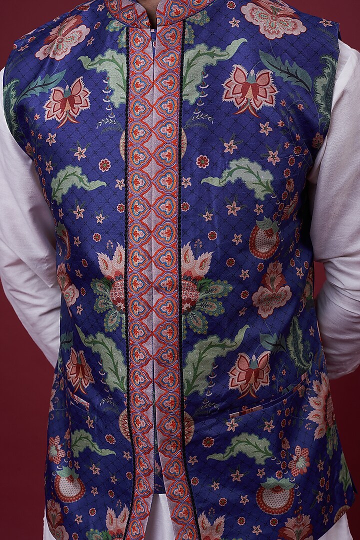 Midnight Blue Dupion Digital Printed & Embroidered Bundi Jacket by Siddhartha Bansal Men at Pernia's Pop Up Shop