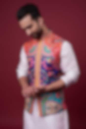 Multi-Colored Dupion Digital Printed Bundi Jacket by Siddhartha Bansal Men