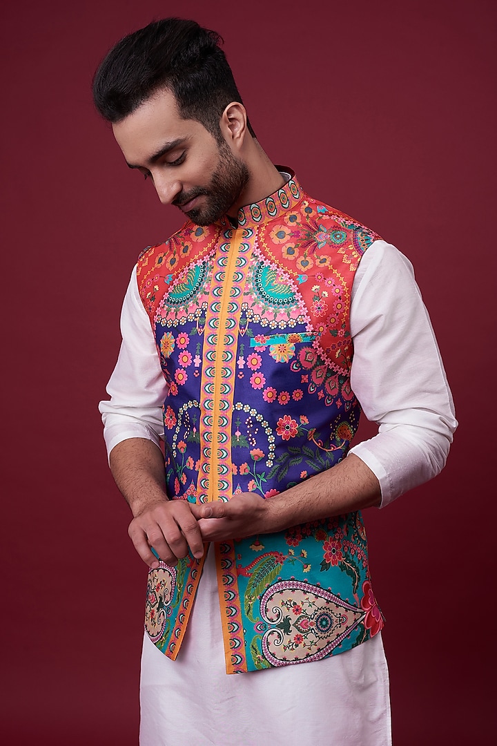 Multi-Colored Dupion Digital Printed Bundi Jacket by Siddhartha Bansal Men