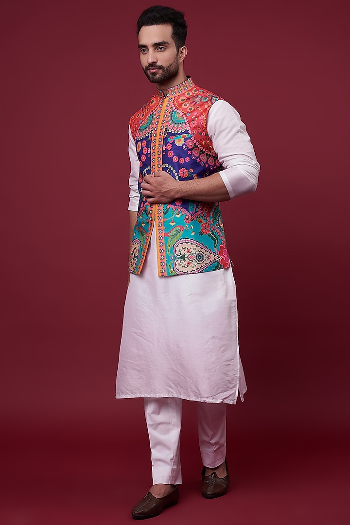 Multi-Colored Dupion Paisley Digital Printed Bundi Jacket by Siddhartha Bansal Men at Pernia's Pop Up Shop