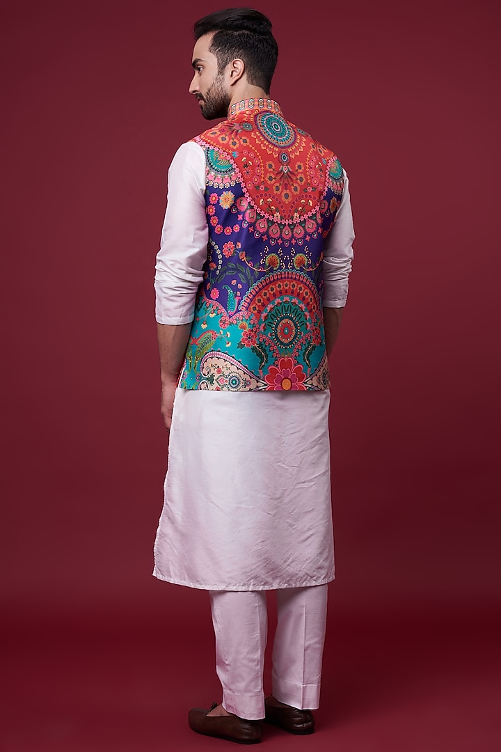 Multi-Colored Dupion Paisley Digital Printed Bundi Jacket by Siddhartha Bansal Men at Pernia's Pop Up Shop