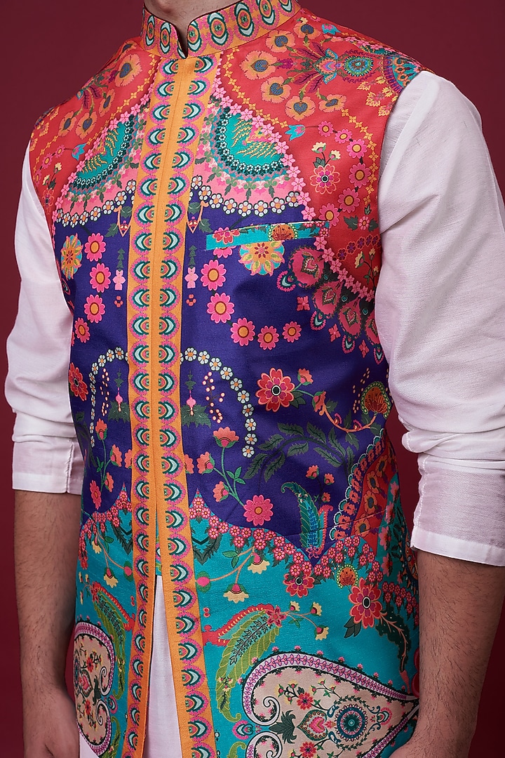 Multi-Colored Dupion Paisley Digital Printed Bundi Jacket by Siddhartha Bansal Men at Pernia's Pop Up Shop