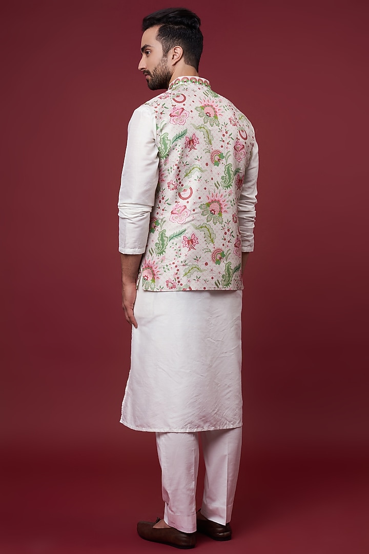 Ivory Dupion Digital Printed & Embroidered Bundi Jacket by Siddhartha Bansal Men at Pernia's Pop Up Shop