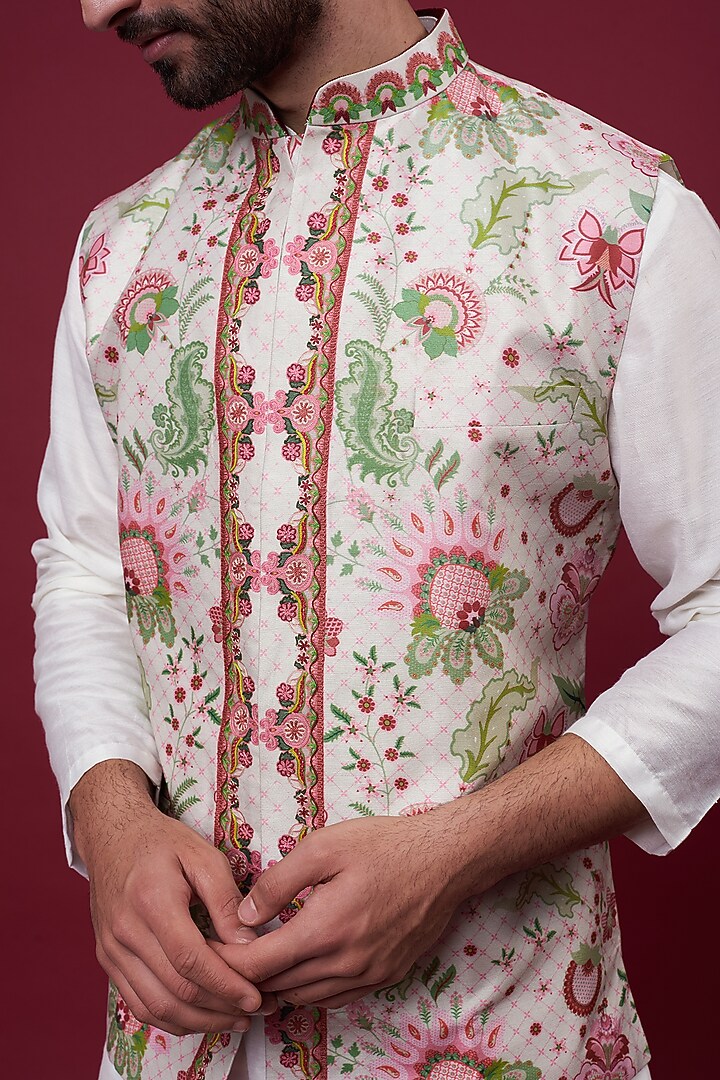 Ivory Dupion Digital Printed & Embroidered Bundi Jacket by Siddhartha Bansal Men at Pernia's Pop Up Shop