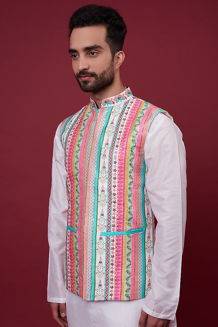 Ivory Dupion Striped Bundi Jacket by Siddhartha Bansal Men