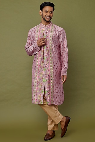 Lavender Cotton Chanderi Printed & Embroidered Kurta by Siddhartha Bansal Men