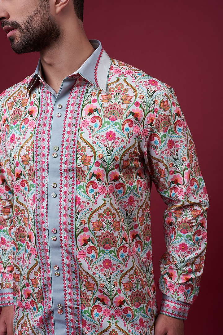 Grey Cotton Satin Digital Printed Party Wear Shirt by Siddhartha Bansal Men at Pernia's Pop Up Shop