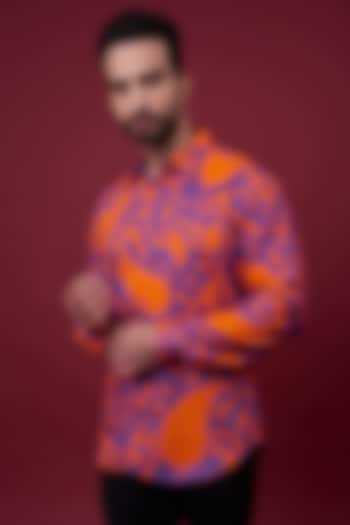Purple & Neon Orange Cotton Satin Digital Printed Shirt by Siddhartha Bansal Men