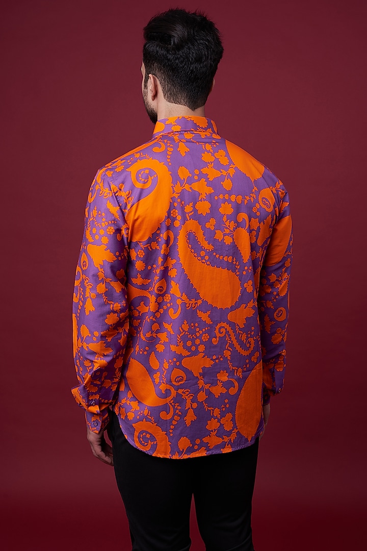 Purple & Neon Orange Cotton Satin Digital Printed Party Wear Shirt by Siddhartha Bansal Men at Pernia's Pop Up Shop