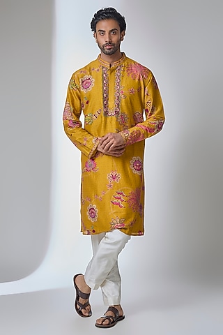 Regal Yellow Silk Chanderi Kurta by Siddhartha Bansal Men