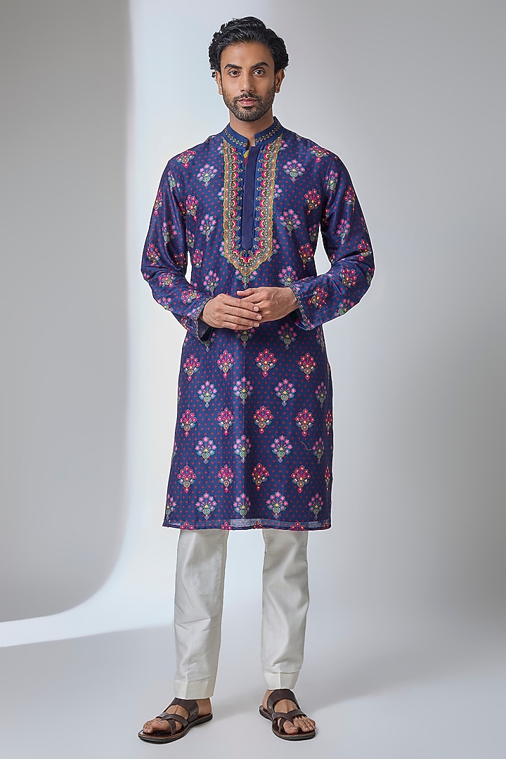 Royal Indigo Silk Chanderi Kurta by Siddhartha Bansal Men at Pernia's Pop Up Shop