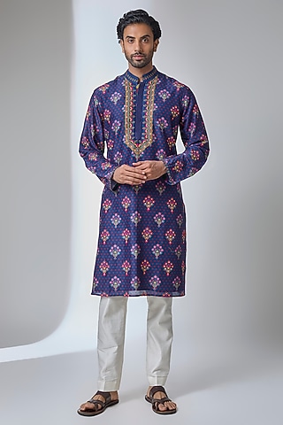 Royal Indigo Silk Chanderi Kurta by Siddhartha Bansal Men