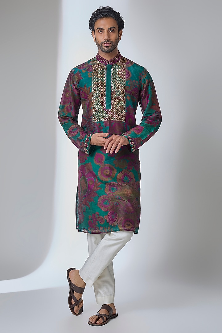 Teal Green Silk Chanderi Kurta by Siddhartha Bansal Men at Pernia's Pop Up Shop