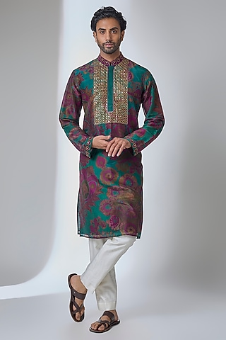 Teal Green Silk Chanderi Kurta by Siddhartha Bansal Men