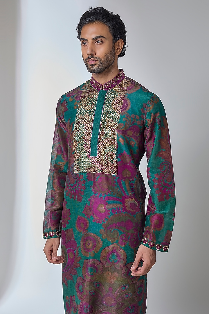 Teal Green Silk Chanderi Kurta by Siddhartha Bansal Men at Pernia's Pop Up Shop