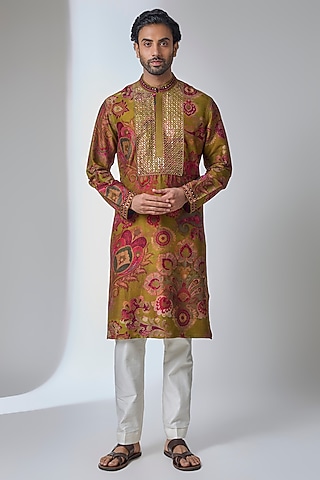 Lime Green Silk Chanderi Kurta by Siddhartha Bansal Men