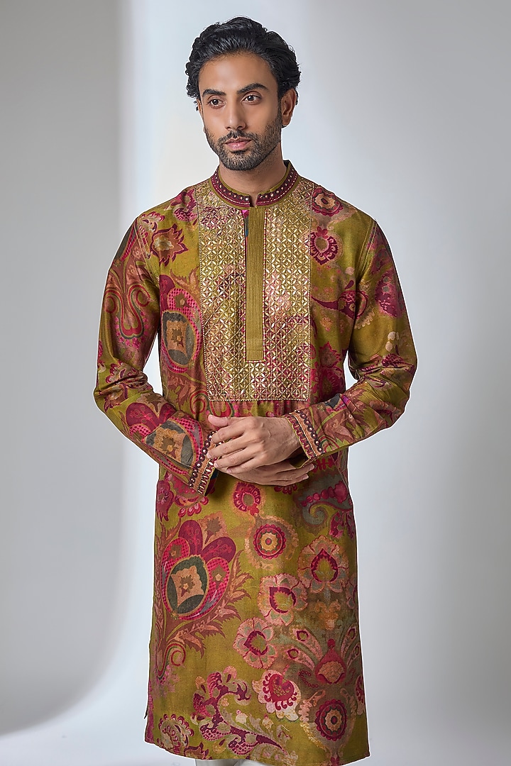 Lime Green Silk Chanderi Kurta by Siddhartha Bansal Men at Pernia's Pop Up Shop