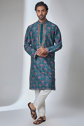 Turquoise Blue Silk Chanderi Kurta by Siddhartha Bansal Men