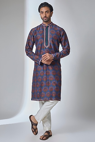Midnight Blue Silk Chanderi Kurta by Siddhartha Bansal Men