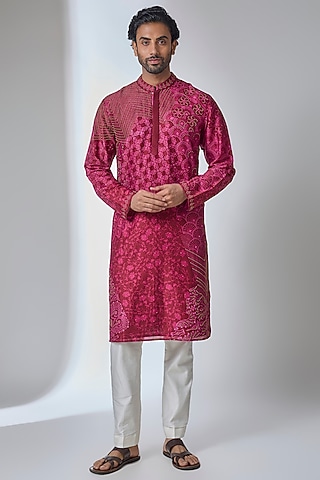 Regal Wine Silk Chanderi Kurta by Siddhartha Bansal Men
