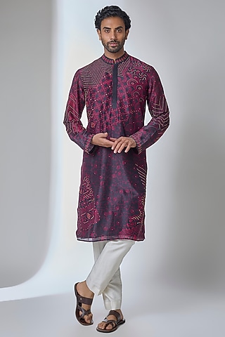 Black-Plum Silk Chanderi Kurta by Siddhartha Bansal Men