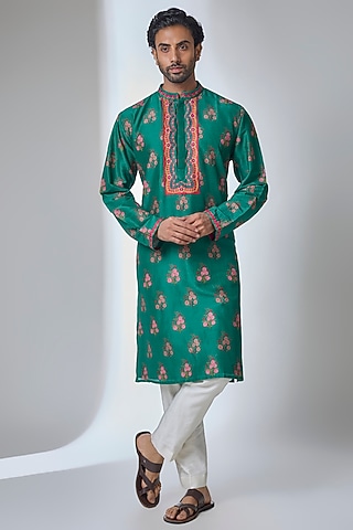 Forest Green Silk Chanderi Kurta by Siddhartha Bansal Men