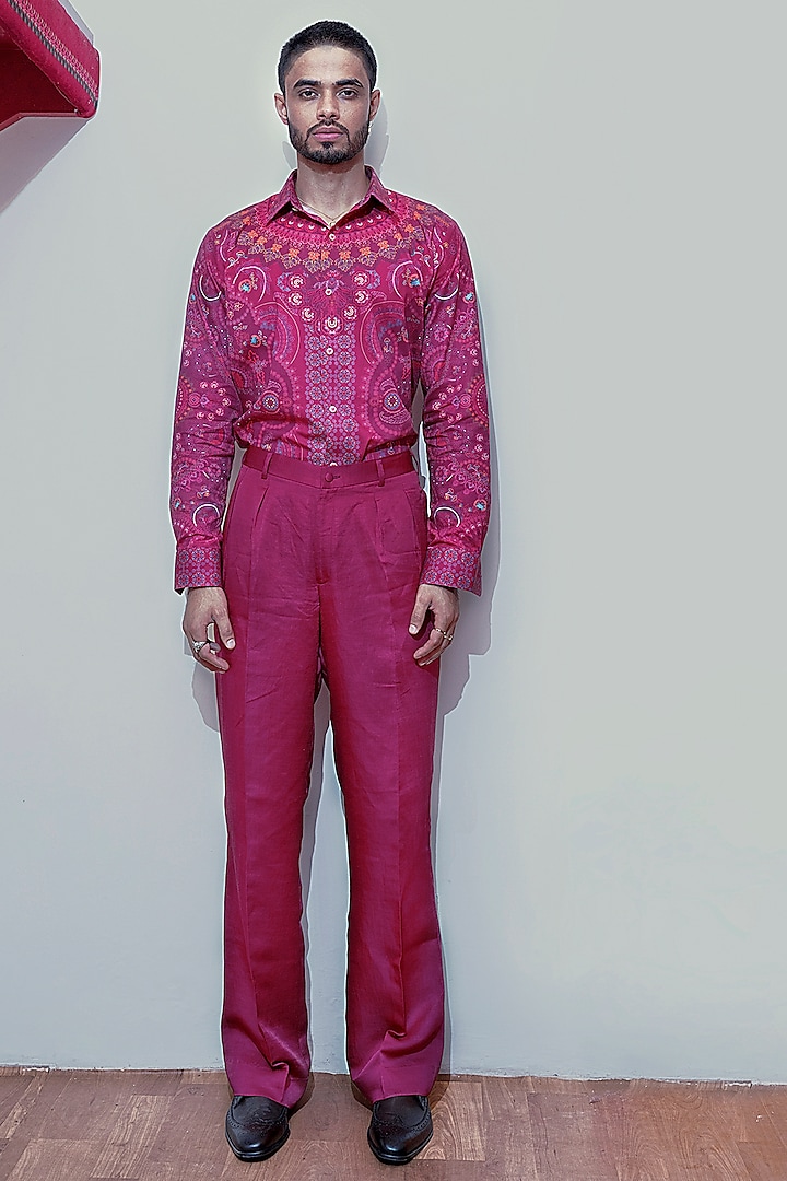 Magenta Pink Linen Satin Pants by Siddhartha Bansal Men