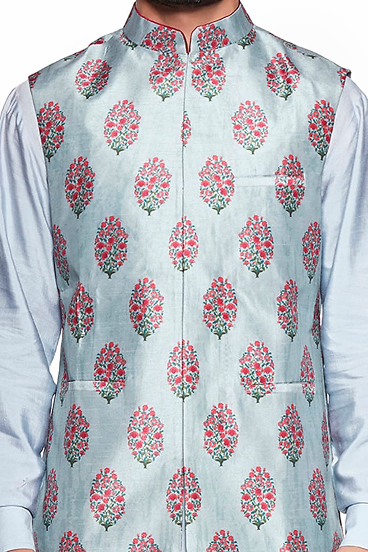 Grey Floral Bundi Jacket by Siddhartha Bansal Men at Pernia's Pop Up Shop
