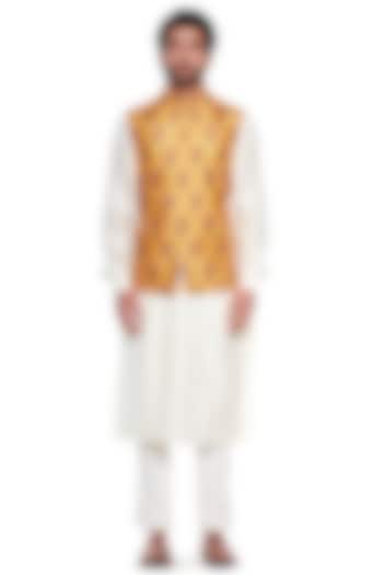 Yellow Floral Bundi Jacket by Siddhartha Bansal Men