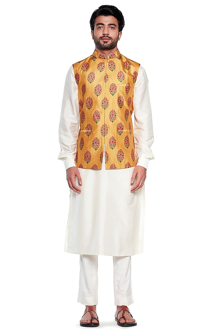 Yellow Floral Bundi Jacket by Siddhartha Bansal Men