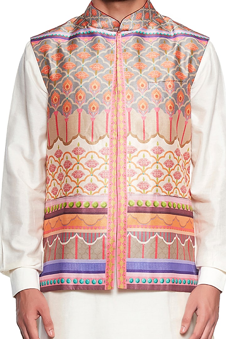 Peach Dupion Printed Bundi Jacket by Siddhartha Bansal Men at Pernia's Pop Up Shop