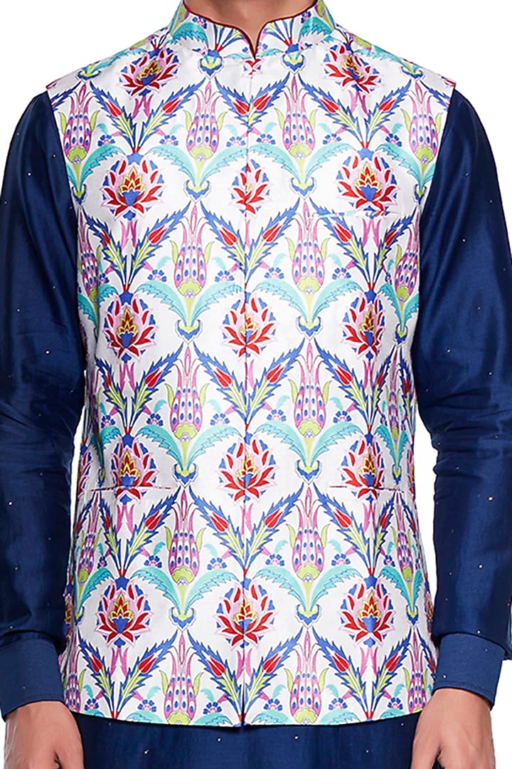 Multi-Colored Dupion Floral Bundi Jacket by Siddhartha Bansal Men at Pernia's Pop Up Shop