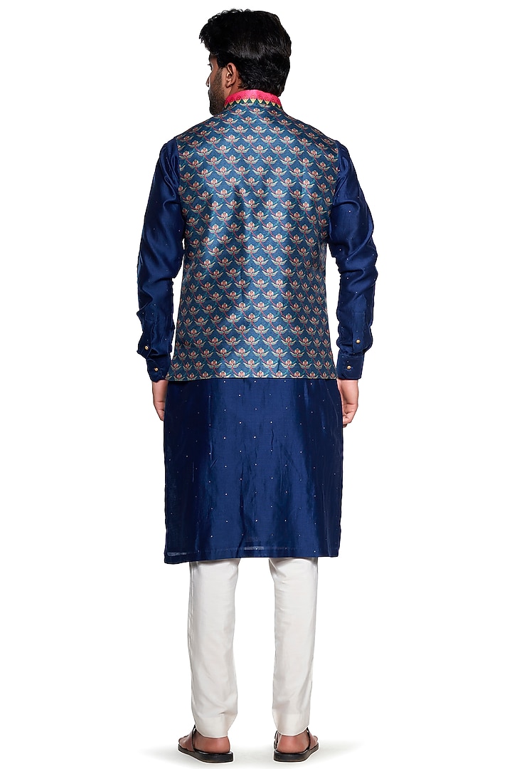 Blue Dupion Chintz Bundi Jacket by Siddhartha Bansal Men at Pernia's Pop Up Shop
