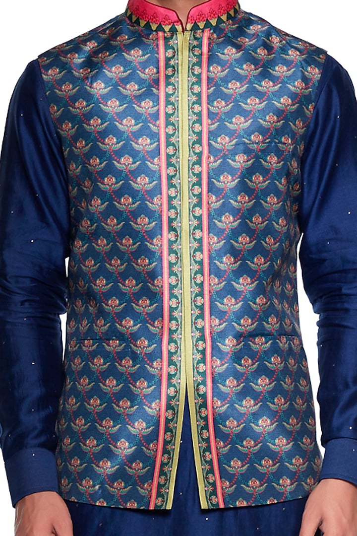 Blue Dupion Chintz Bundi Jacket by Siddhartha Bansal Men at Pernia's Pop Up Shop