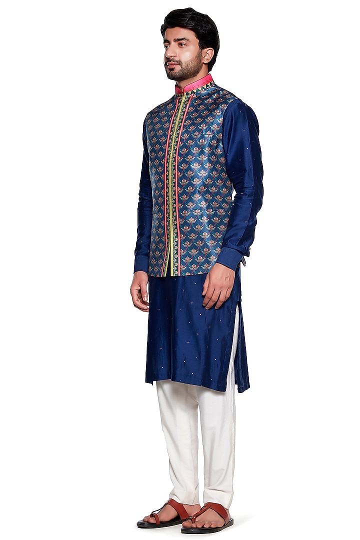 Blue Dupion Chintz Bundi Jacket by Siddhartha Bansal Men at Pernia's Pop Up Shop