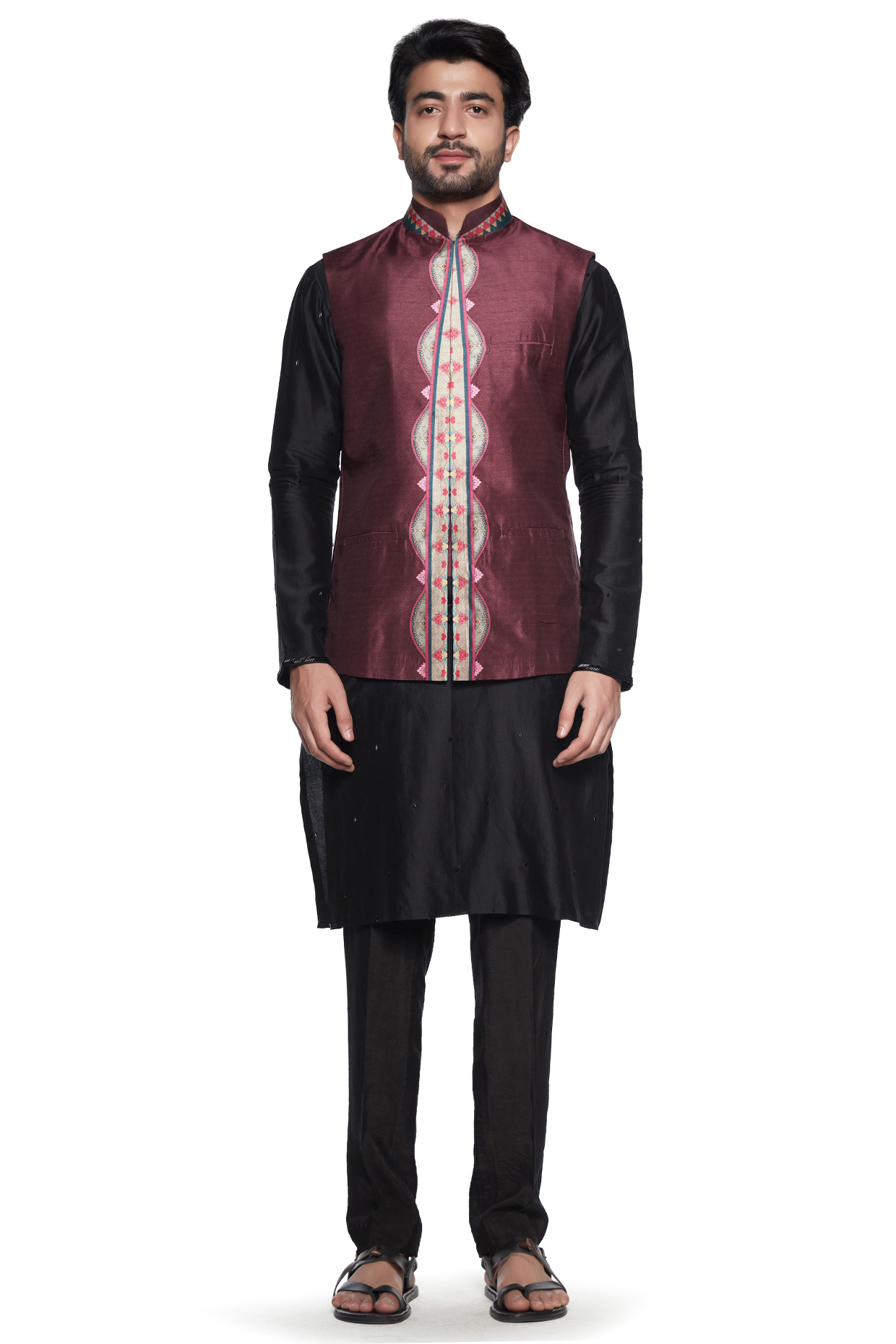 Maroon Dupion Chintz Bundi Jacket by Siddhartha Bansal Men at Pernia's Pop Up Shop