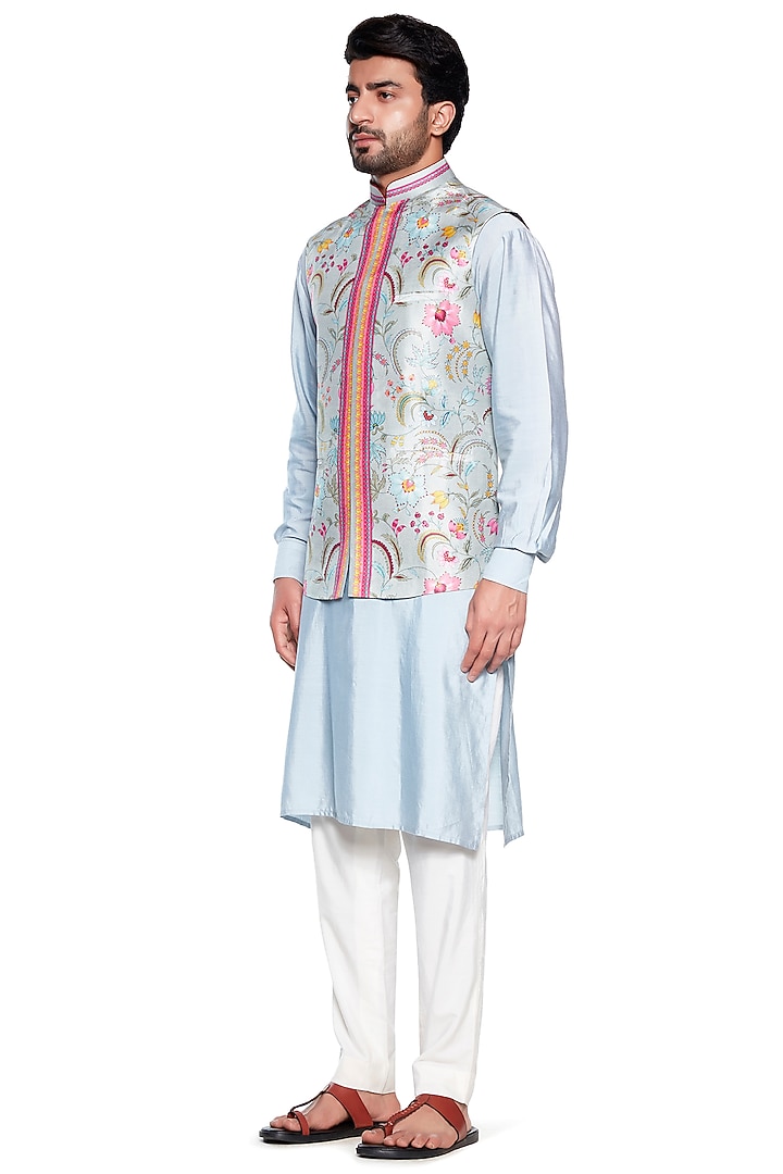 Green Dupion Bundi Jacket by Siddhartha Bansal Men at Pernia's Pop Up Shop