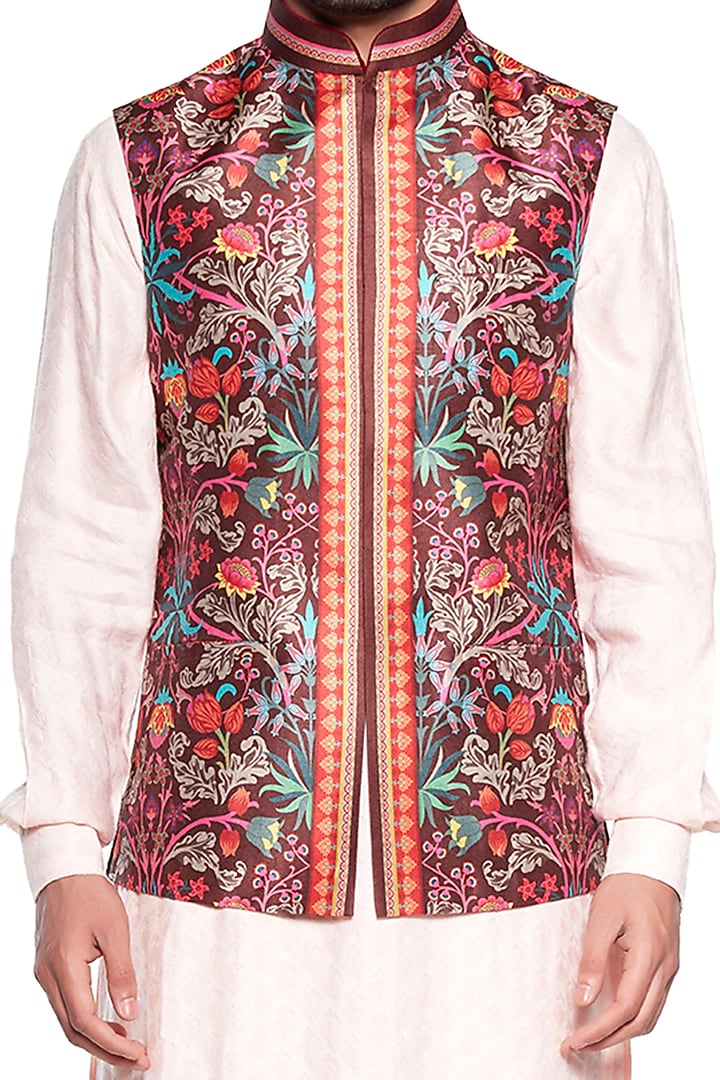Brown Dupion Chintz Bundi Jacket by Siddhartha Bansal Men at Pernia's Pop Up Shop