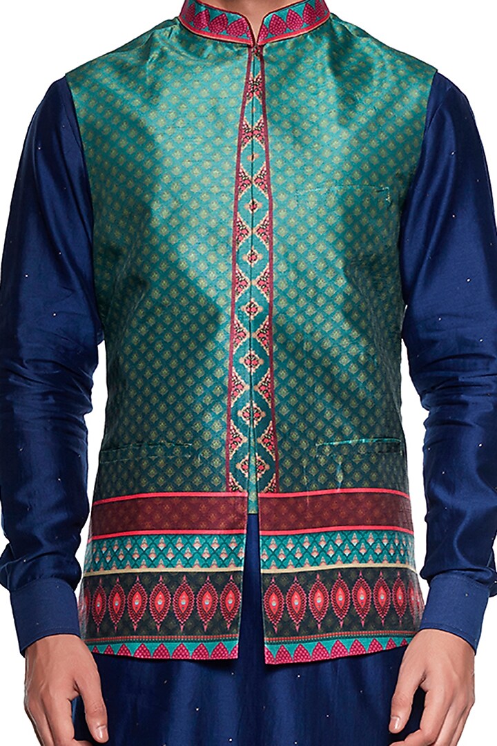 Green Dupion Printed Bundi Jacket by Siddhartha Bansal Men at Pernia's Pop Up Shop