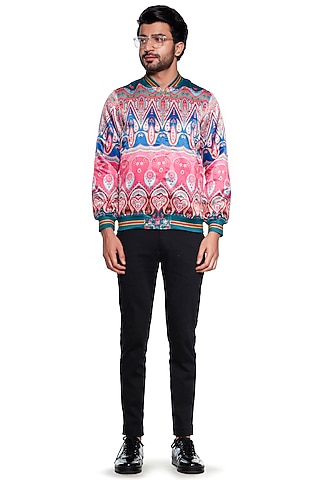 Maroon & Blue Paisley Bomber Jacket by Siddhartha Bansal Men