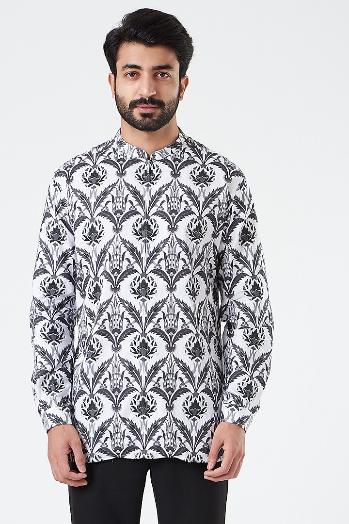 White & Grey Printed Party Wear Shirt by Siddhartha Bansal Men at Pernia's Pop Up Shop