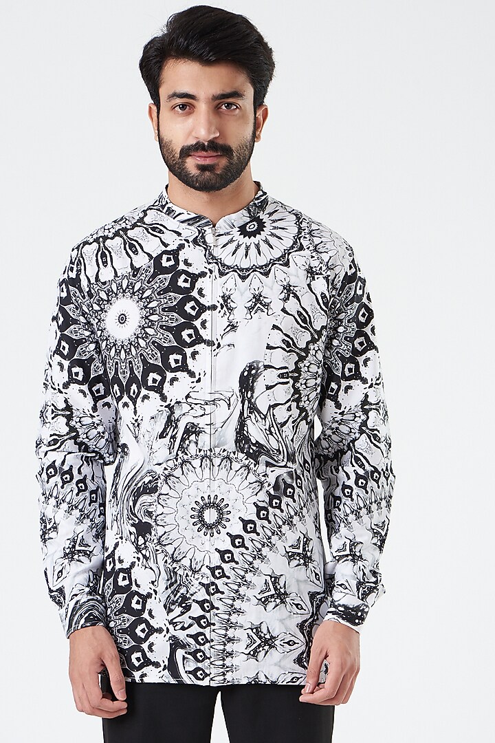 White & Grey Cotton Printed Party Wear Shirt by Siddhartha Bansal Men at Pernia's Pop Up Shop