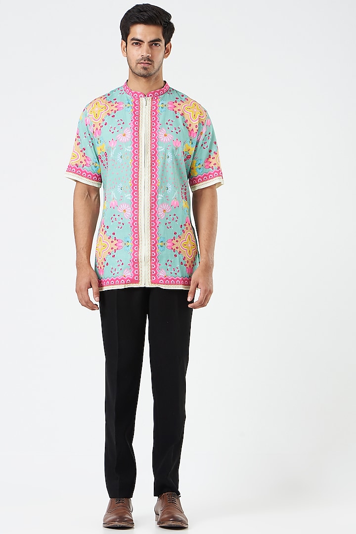 Mint Green & Pink Printed Party Wear Shirt by Siddhartha Bansal Men at Pernia's Pop Up Shop
