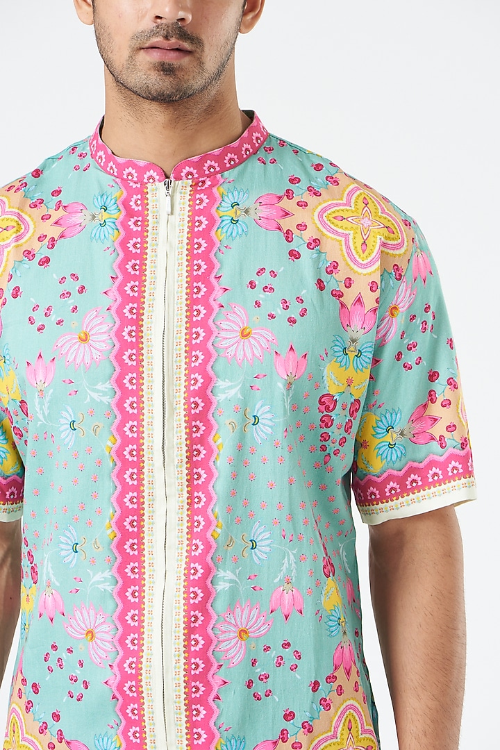 Mint Green & Pink Printed Party Wear Shirt by Siddhartha Bansal Men at Pernia's Pop Up Shop