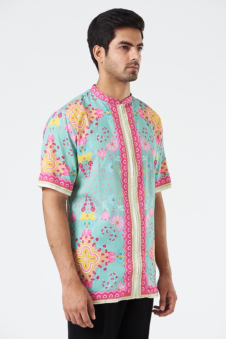 Mint Green & Pink Printed Party Wear Shirt by Siddhartha Bansal Men at Pernia's Pop Up Shop