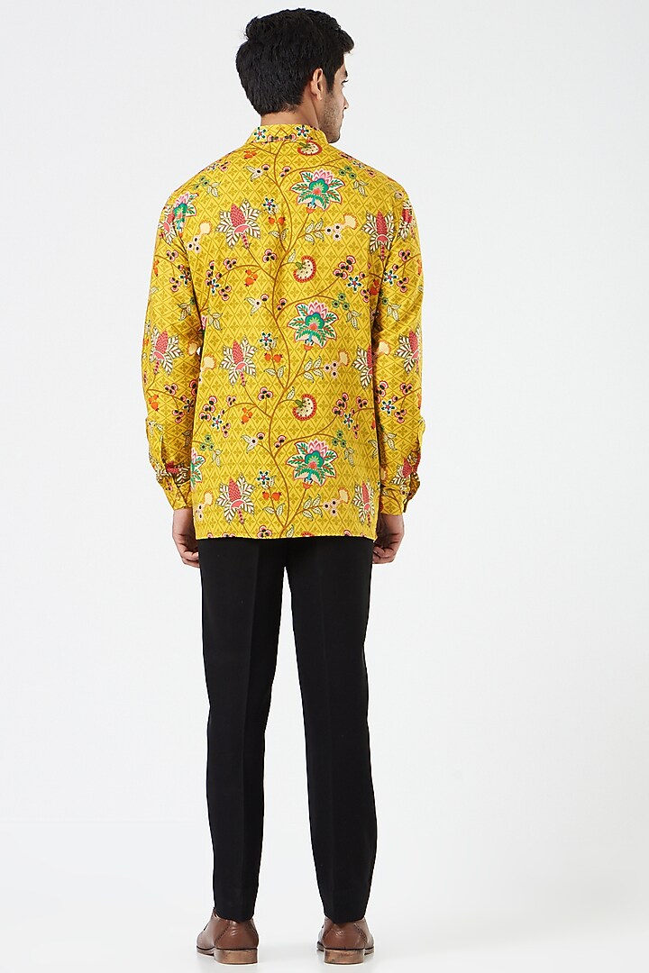 Mustard Floral Printed Party Wear Shirt by Siddhartha Bansal Men at Pernia's Pop Up Shop