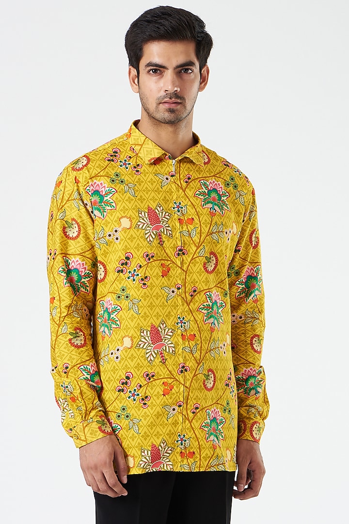 Mustard Floral Printed Party Wear Shirt by Siddhartha Bansal Men at Pernia's Pop Up Shop